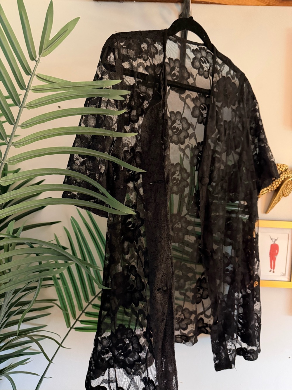 Vintage Sheer Black Lace Kimono Button up Shirt